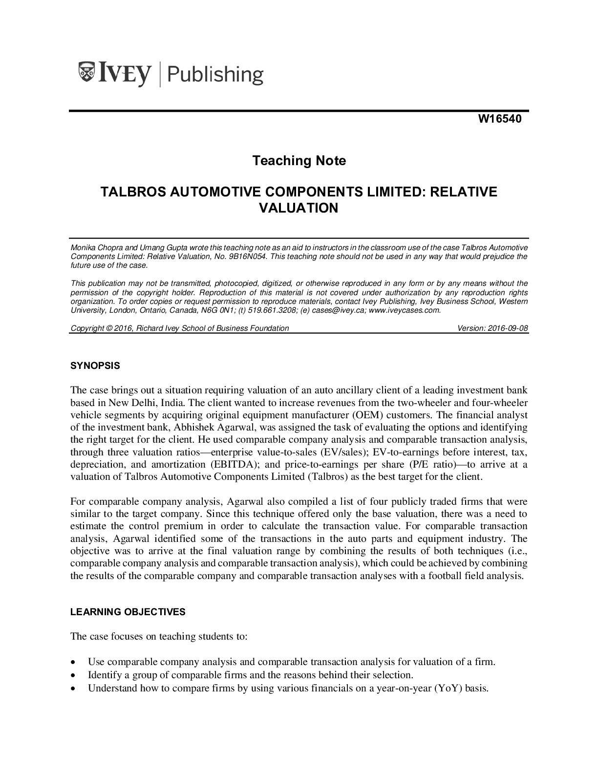 Recommended document preview for Case Solutions/ Notes for Talbros Automotive Components Limited Relative Valuation, by Umang Gupta, Monika Chopra